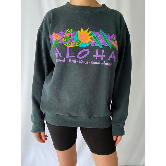 90s vintage green hawaii tropical vacation graphic pullover crewneck sweatshirt - Picture 1 of 9